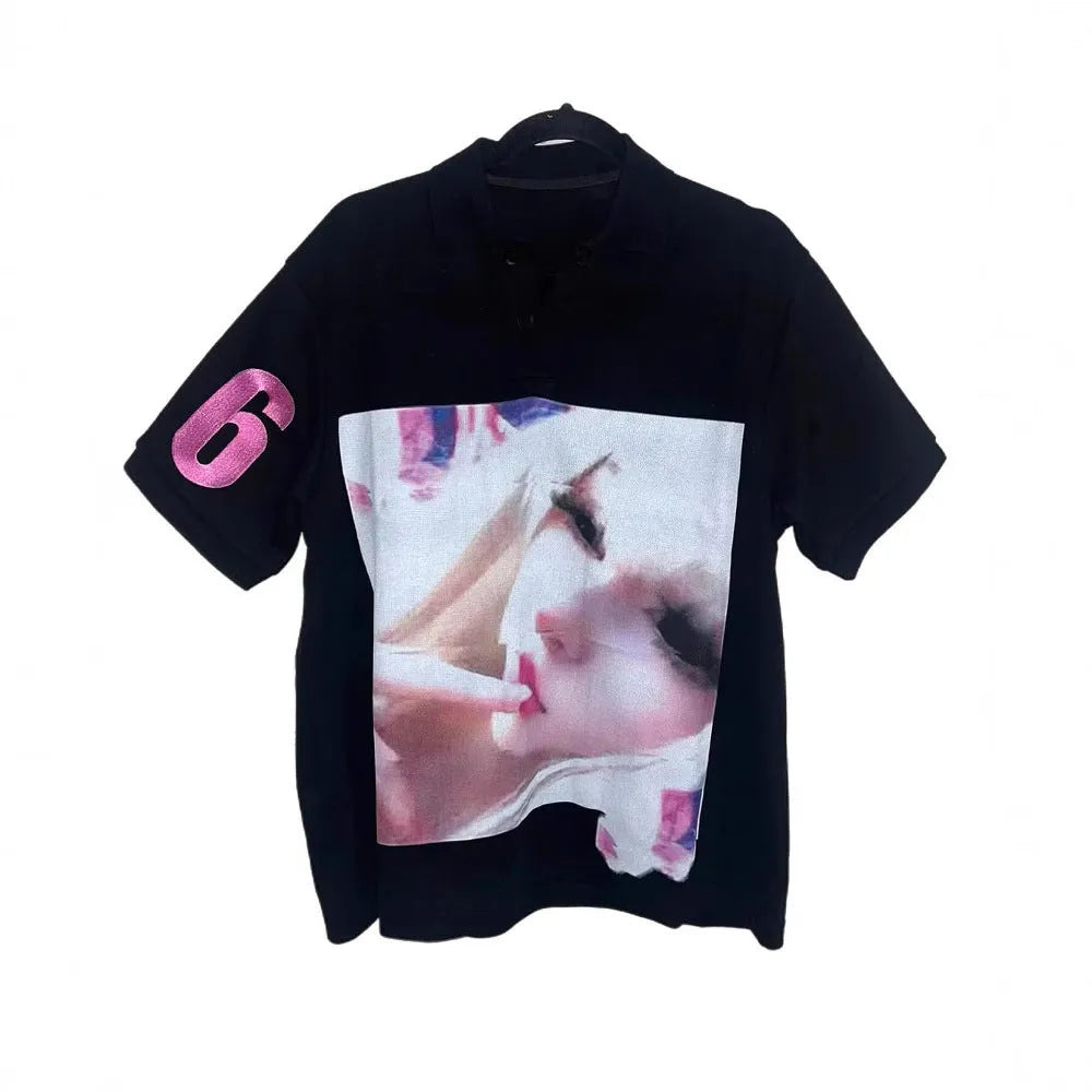 Short-sleeved polo t-shirt with a printed pattern in a choice of colours on a mannequin.