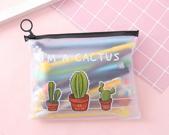 20 cartoon cactus design black gel pens inside a white plastic storage case.