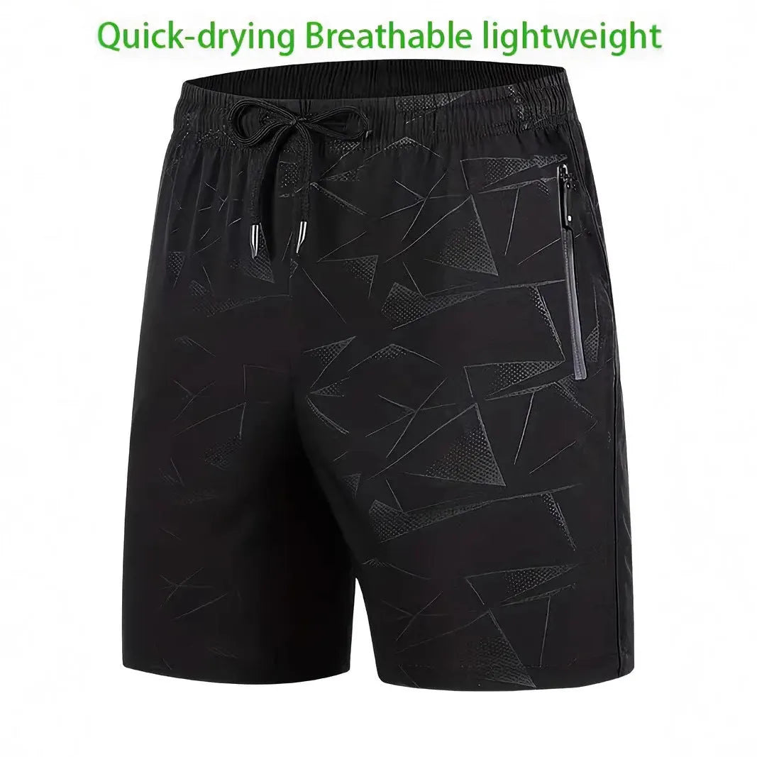 Men's loose-fitting polyester sports shorts in three colour options with printed design