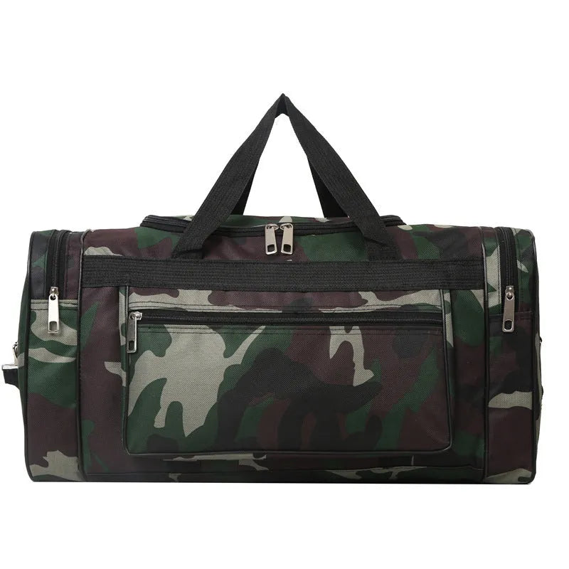 Camouflage pattern waterproof luggage bag with striped interior lining showing under 20L capacity
