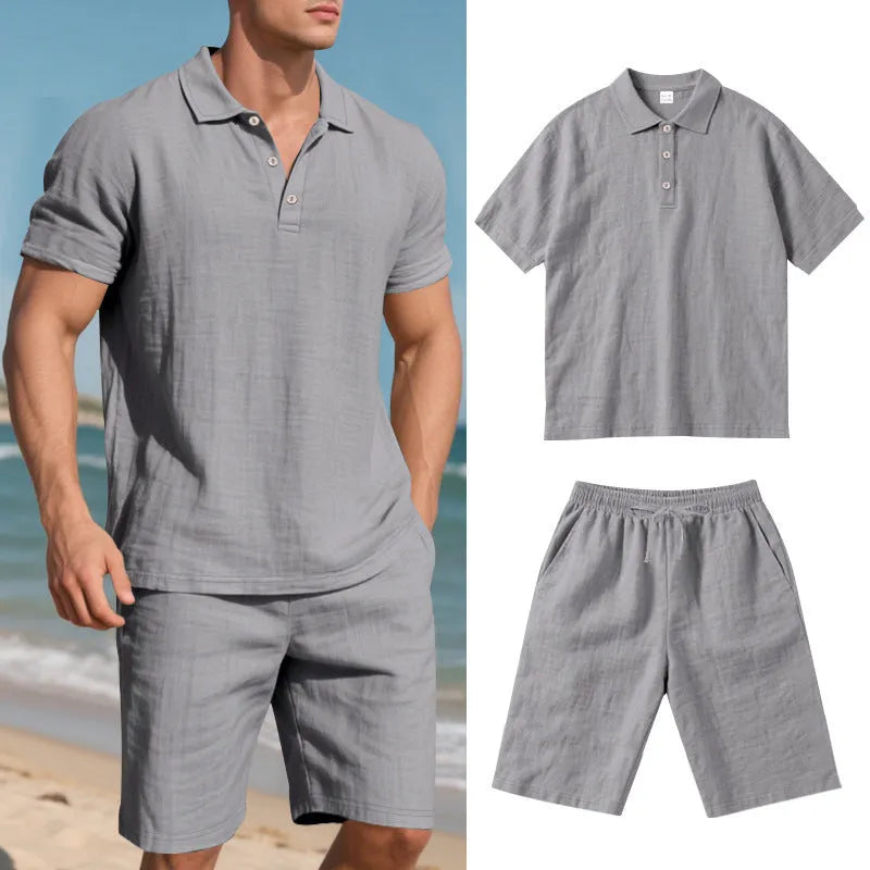 Men's linen blend shorts suit in apricot colour with short sleeves and casual fit