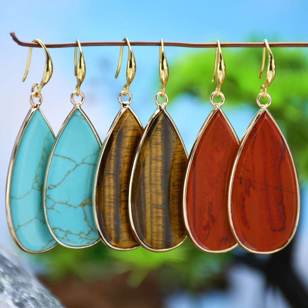 Vintage stone drop earrings with water droplet texture in tigereye, amethyst, or pink crystal colours