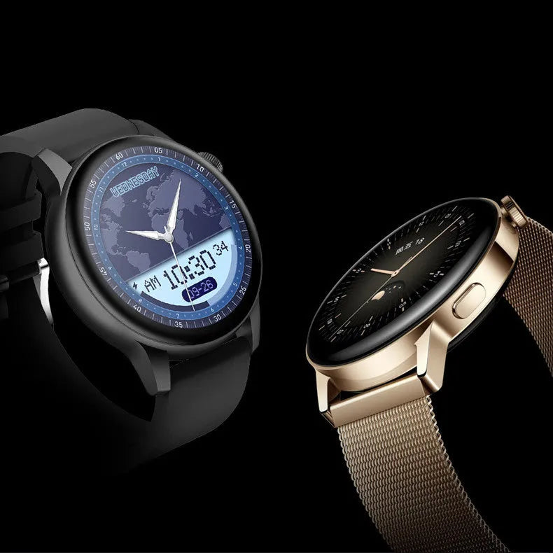 Black smart watch with 1.30-inch colour screen on a wrist, showing a watch face.