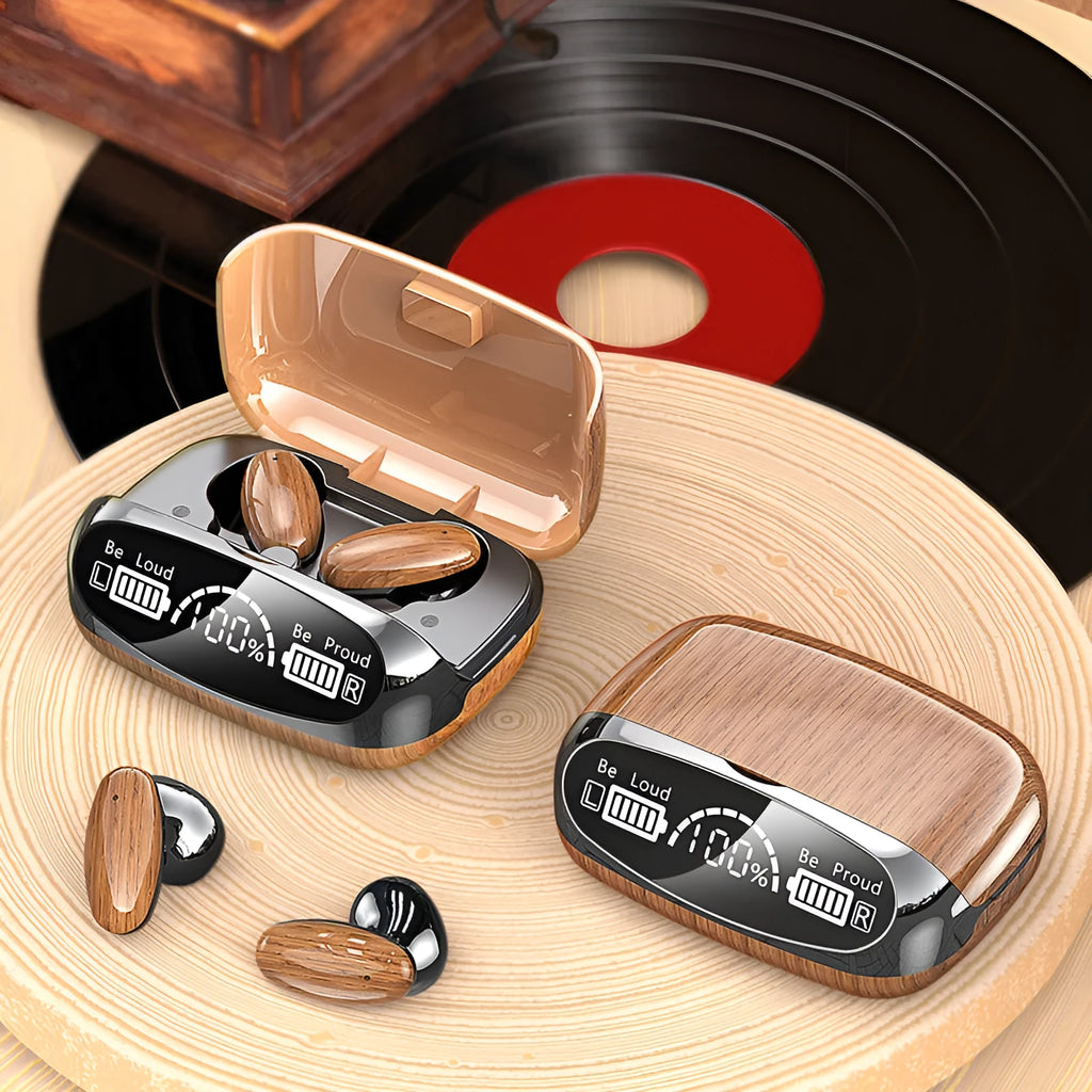 M35 wood grain Bluetooth TWS earphones with charging cabin showing power display