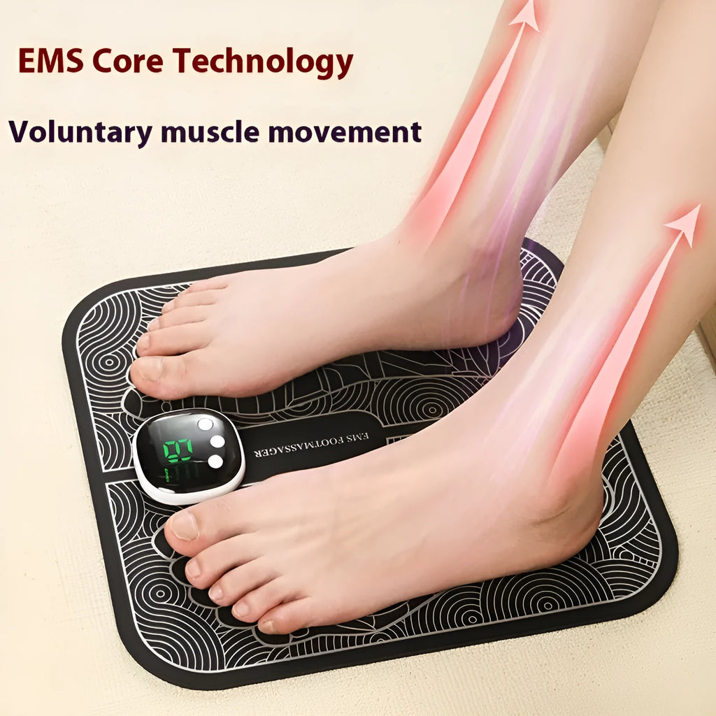 Blue rechargeable foot massager mat with remote control on wooden floor