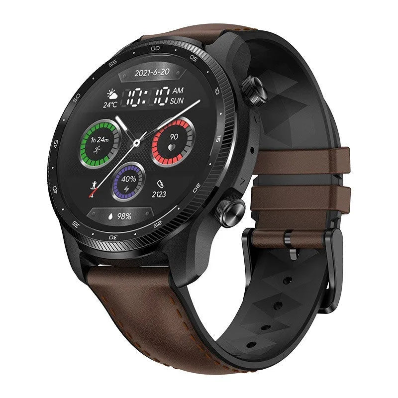 Ticwatch Pro X 47mm black smartwatch with round AMOLED display showing fitness stats.