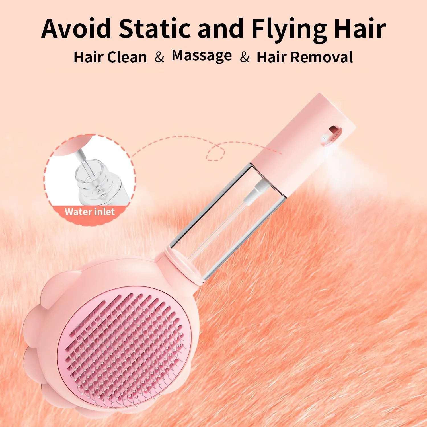 Grey spray cat grooming brush with a release button and stainless steel bristles on a wooden table.