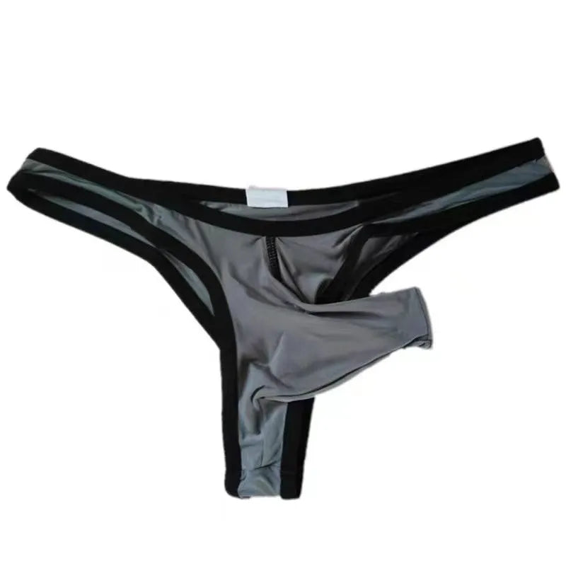 Men's ice silk briefs with elephant trunk pouch in seven colour options showing size tags