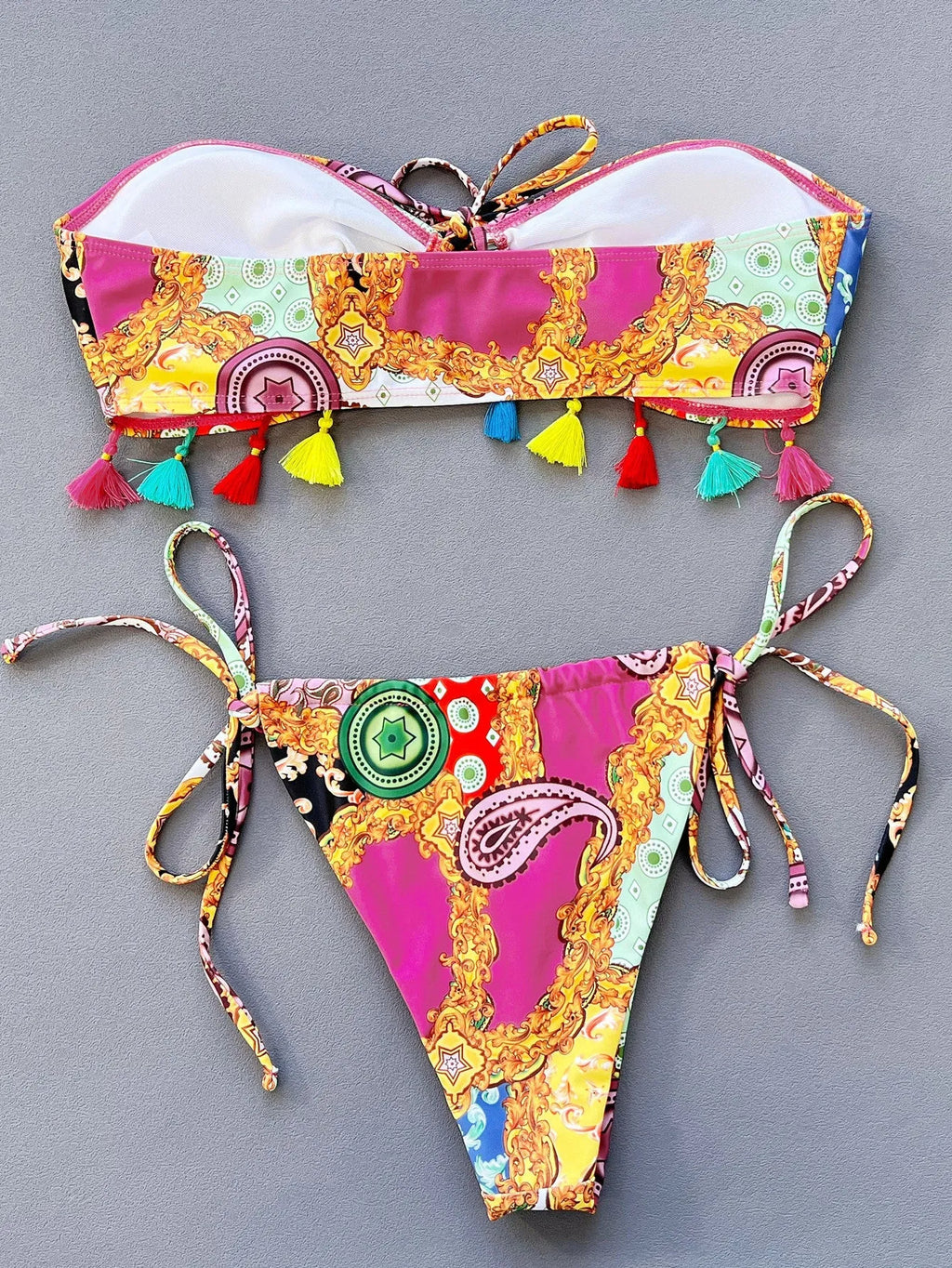 Women's separated printed swimwear bikini set with tube top and matching briefs