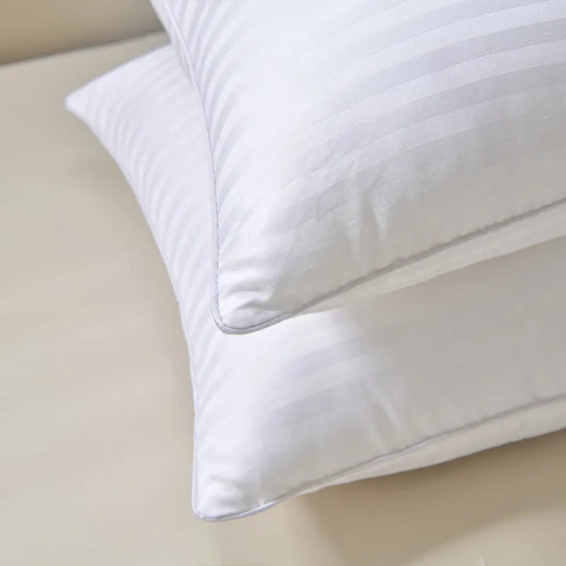 White satin stripe feather and cotton pillow core showing size options and loft variants.