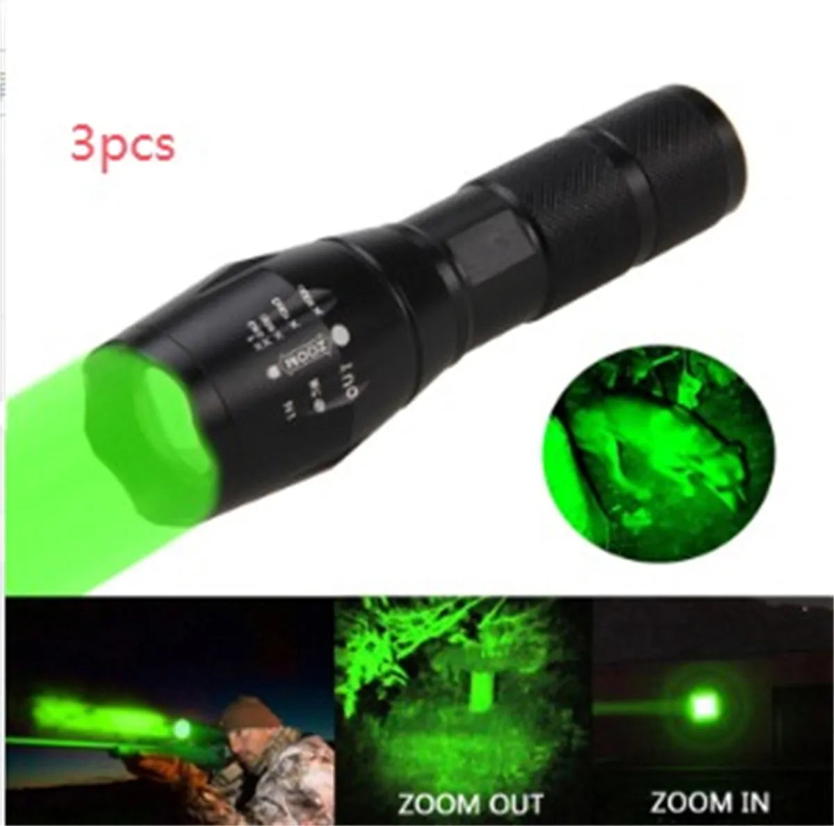 Black aluminium alloy LED zoom flashlight with adjustable focus ring and antiskid texture.