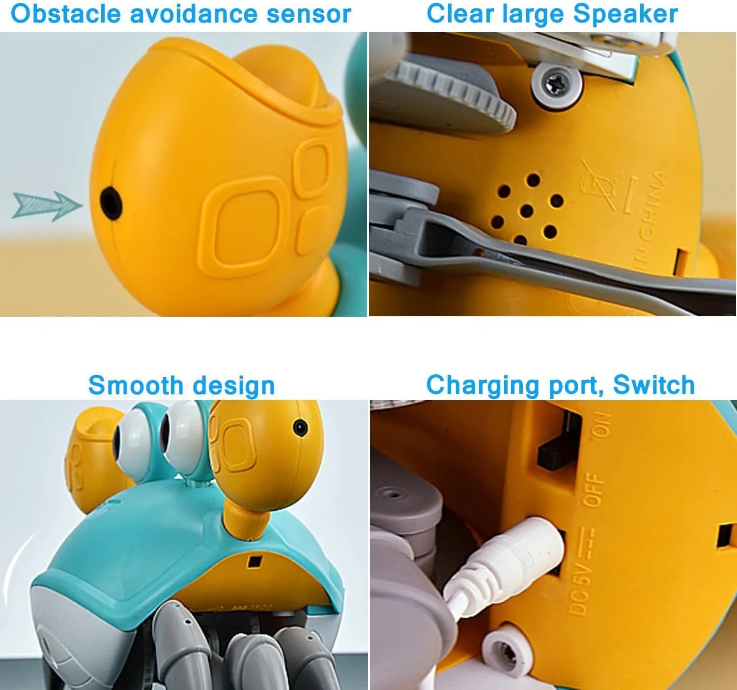 Blue or red electronic crab dog toy with obstacle avoidance sensors, shown moving sideways.