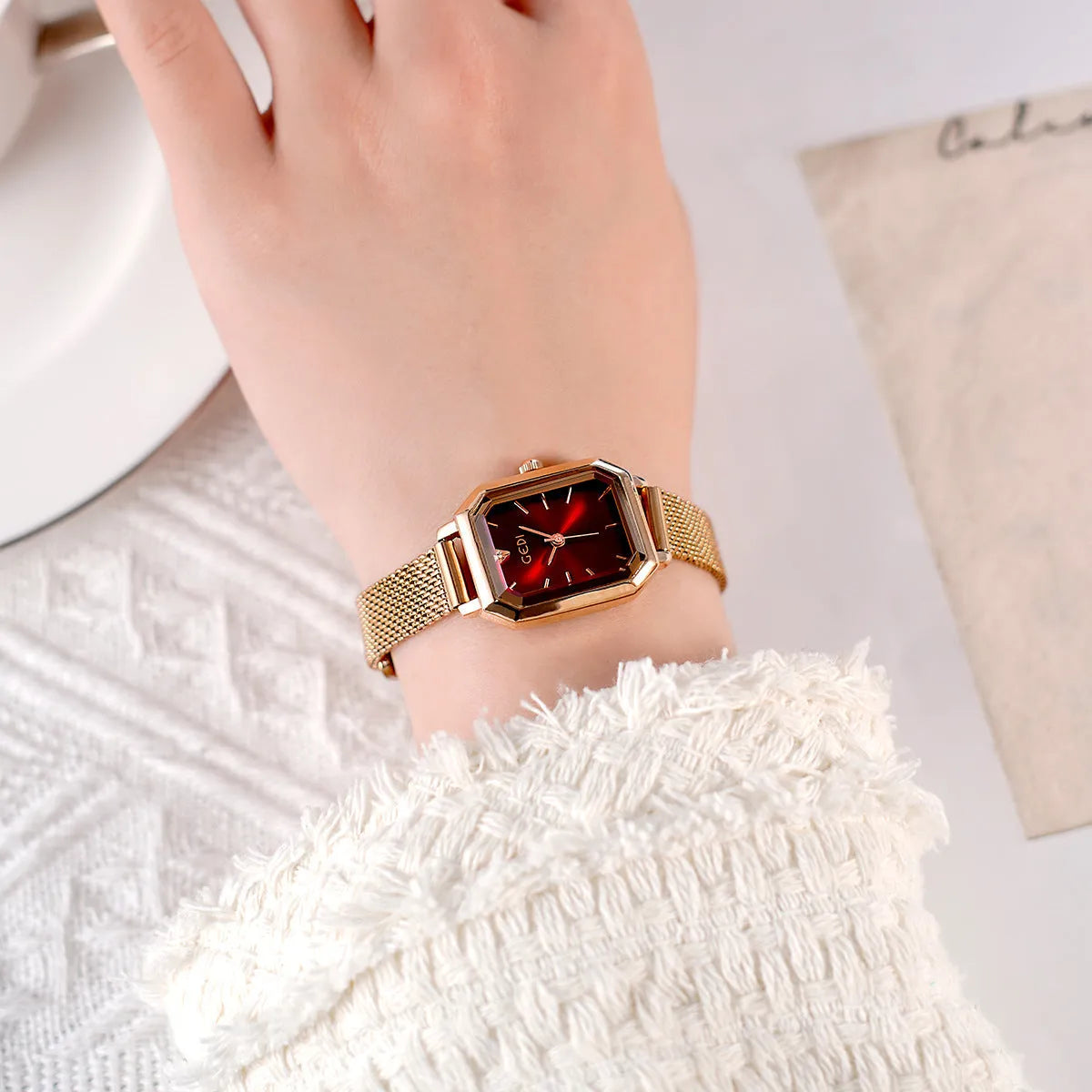 Women's square retro casual watch with rose shell available in six dial colour options