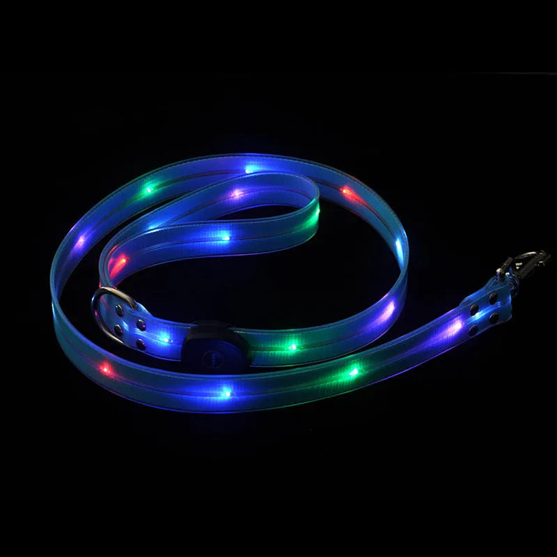 PVC dog leash and collar in orange, black, fluorescent green, or blue, showing 120cm length and hand-holding handle.