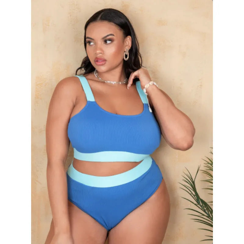 Women's solid colour bikini set with high waist briefs and stitching detail.