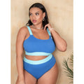 Women's solid colour bikini set with high waist briefs and stitching detail.