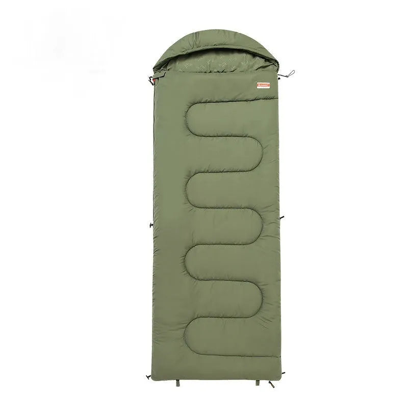 Portable cotton sleeping bag in ochre or olive green colour for camping