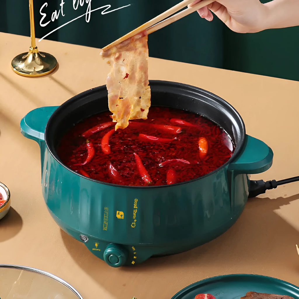 Stainless steel electric hot pot with non-stick interior in green or white finish