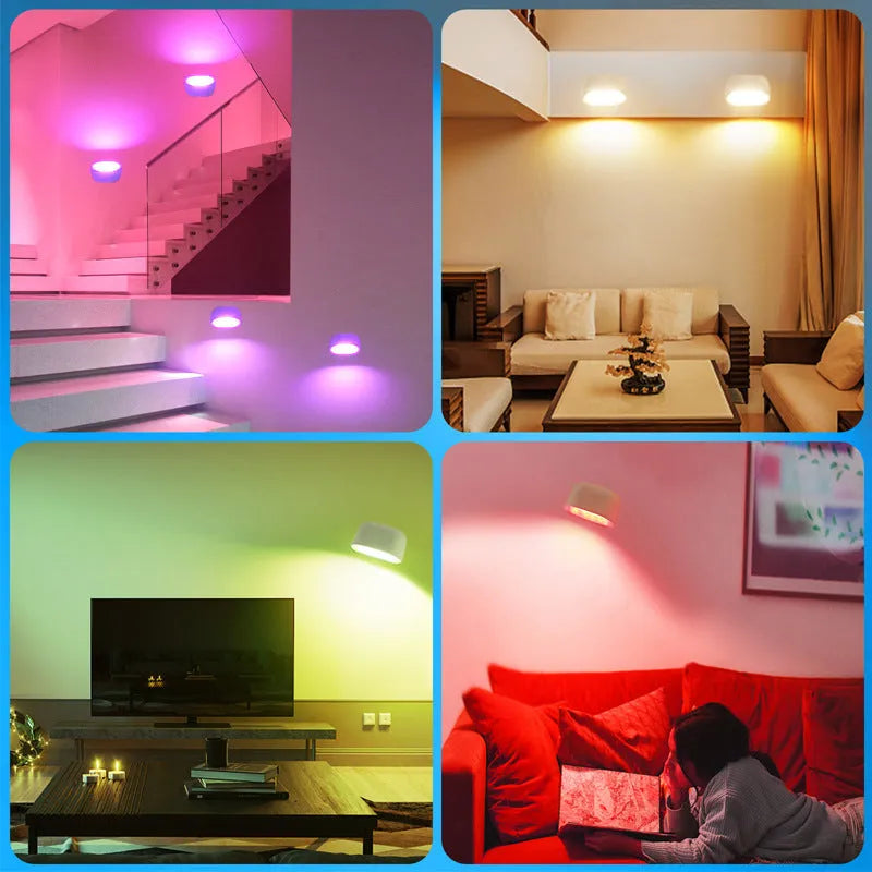 White remote touch magnetic wall lamp with oval light on adhesive mount, showing remote control.