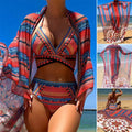 Women's three-piece swimsuit set showing high-waist briefs, a sleeveless cutout blouse, and a coat in picture colour.