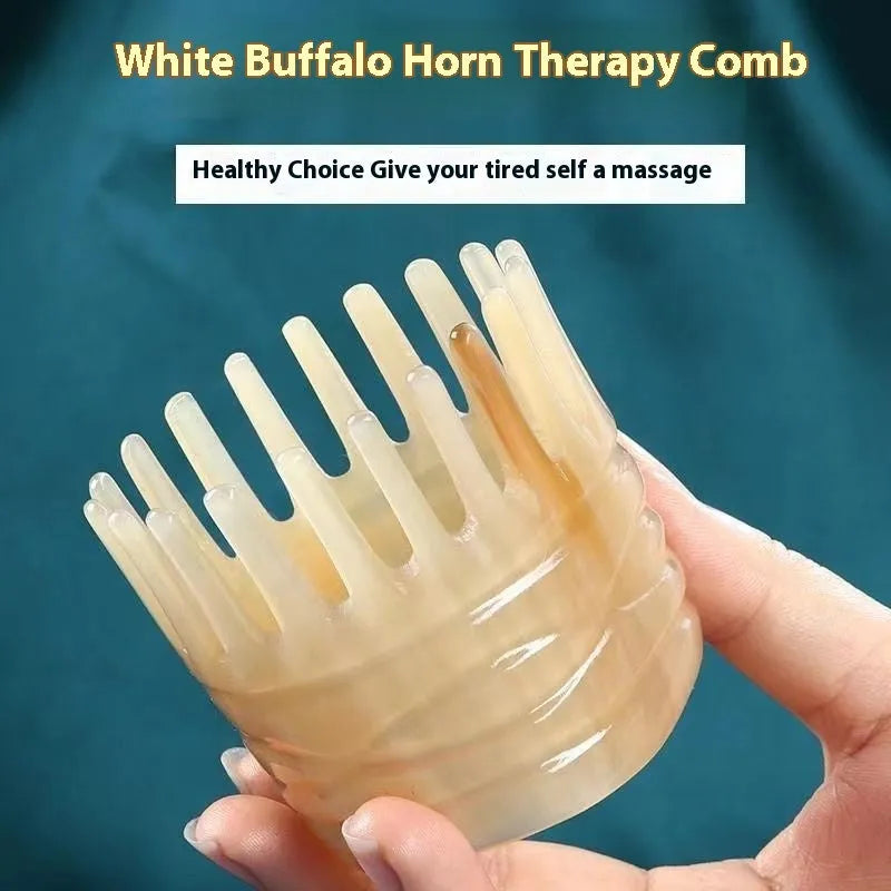 White buffalo horn comb with half-wide-tooth design for head meridian massage and hair detangling