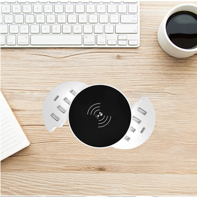 Ceramic white circular wireless smartphone charger with multiple ports and 1.5 metre cable