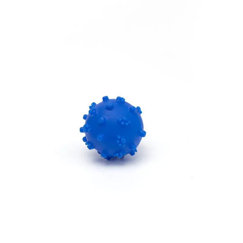 Four bright coloured spiky dog balls with paw print dimples, 2-inch diameter for small breed puppies