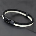 Handmade black and white woven hand strap in Milan rope alloy showing three size options