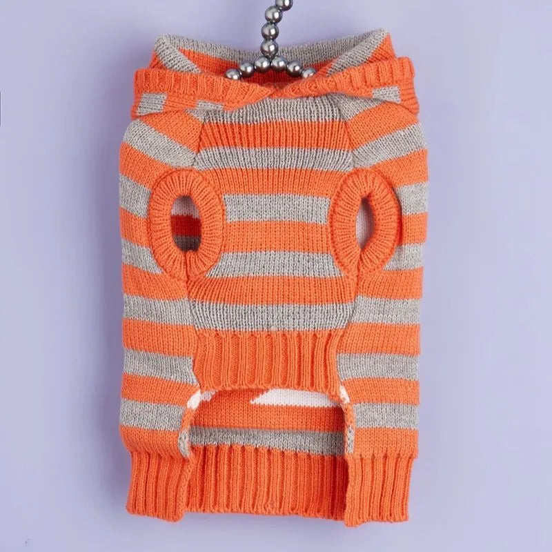 Orange striped Halloween pet sweater with hood and fur balls for dogs and cats