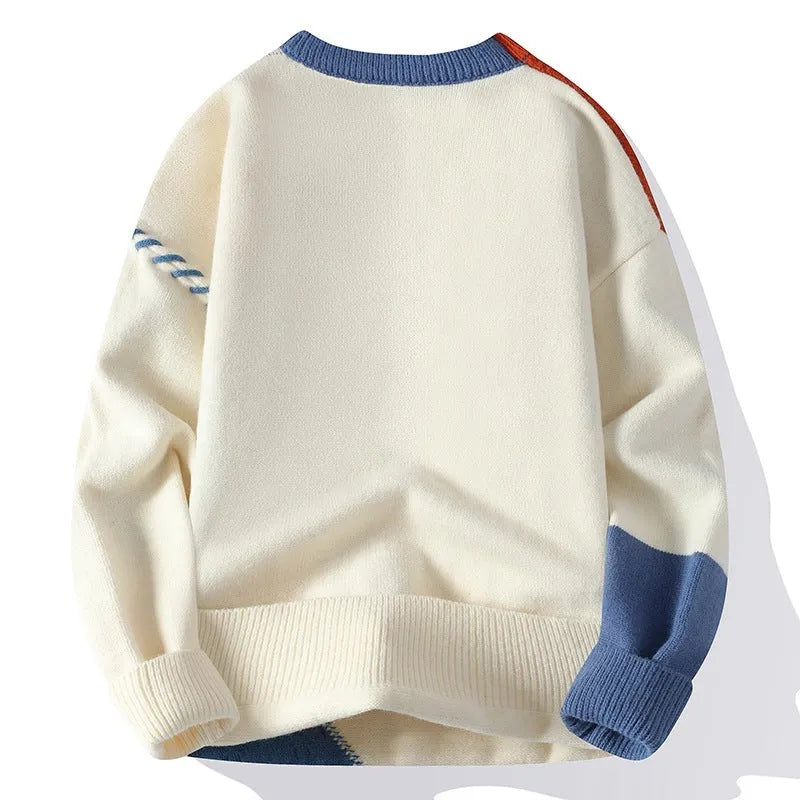 Men's colourblock pullover sweater in green, orange, or grey, long sleeve, straight fit, sizes L to 4XL.