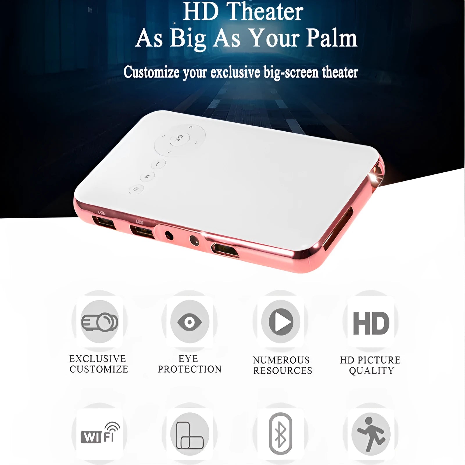 White rose gold miniature DLP projector measuring 145mm with Android connectivity and 32GB memory