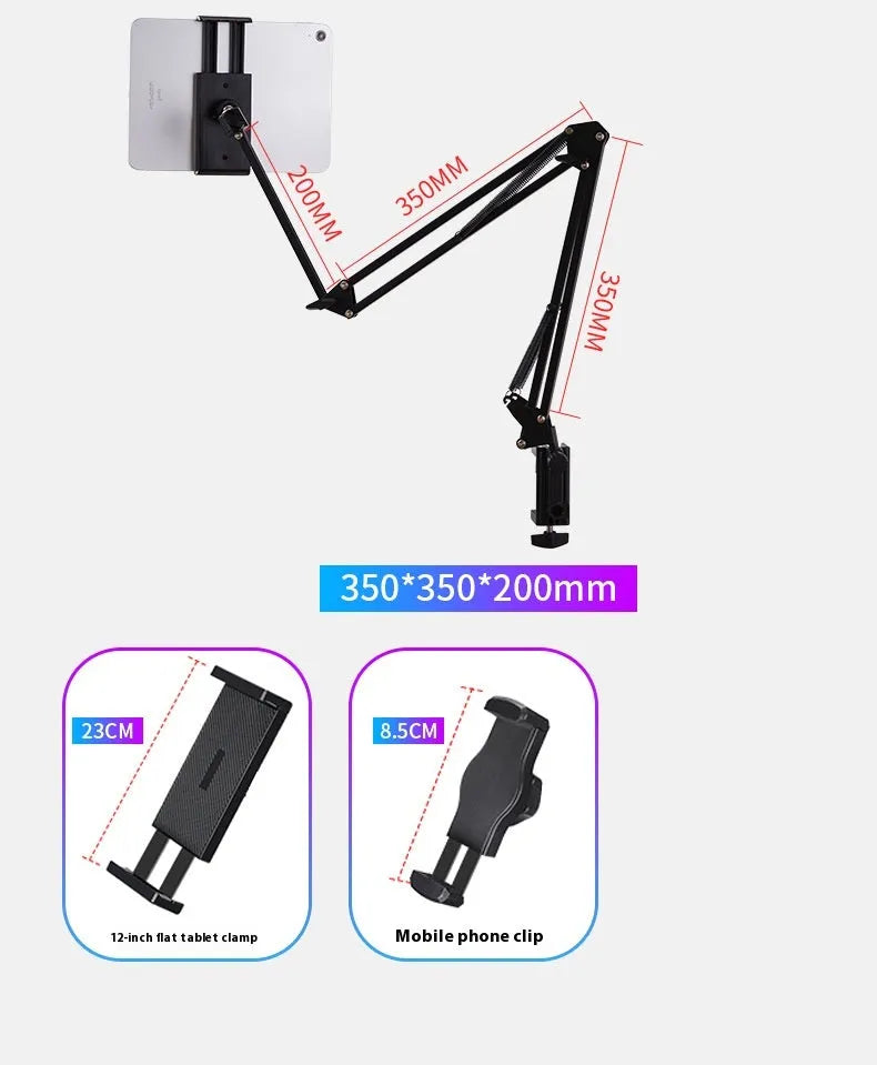 Black foldable metal cantilever bracket holding a tablet on a desktop.