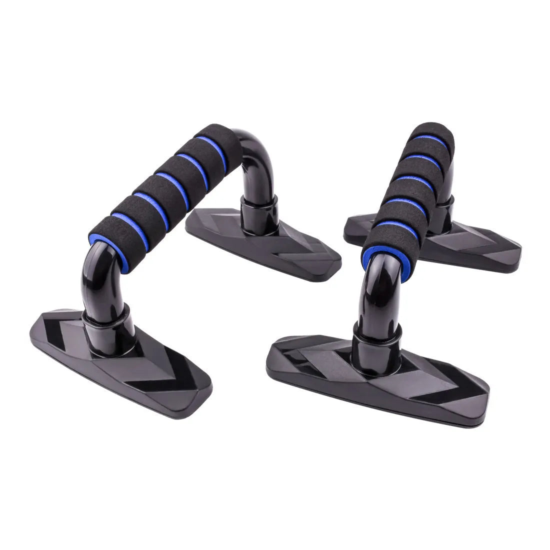 A pair of I-shaped blue push up bars made from PP sponge on a floor.