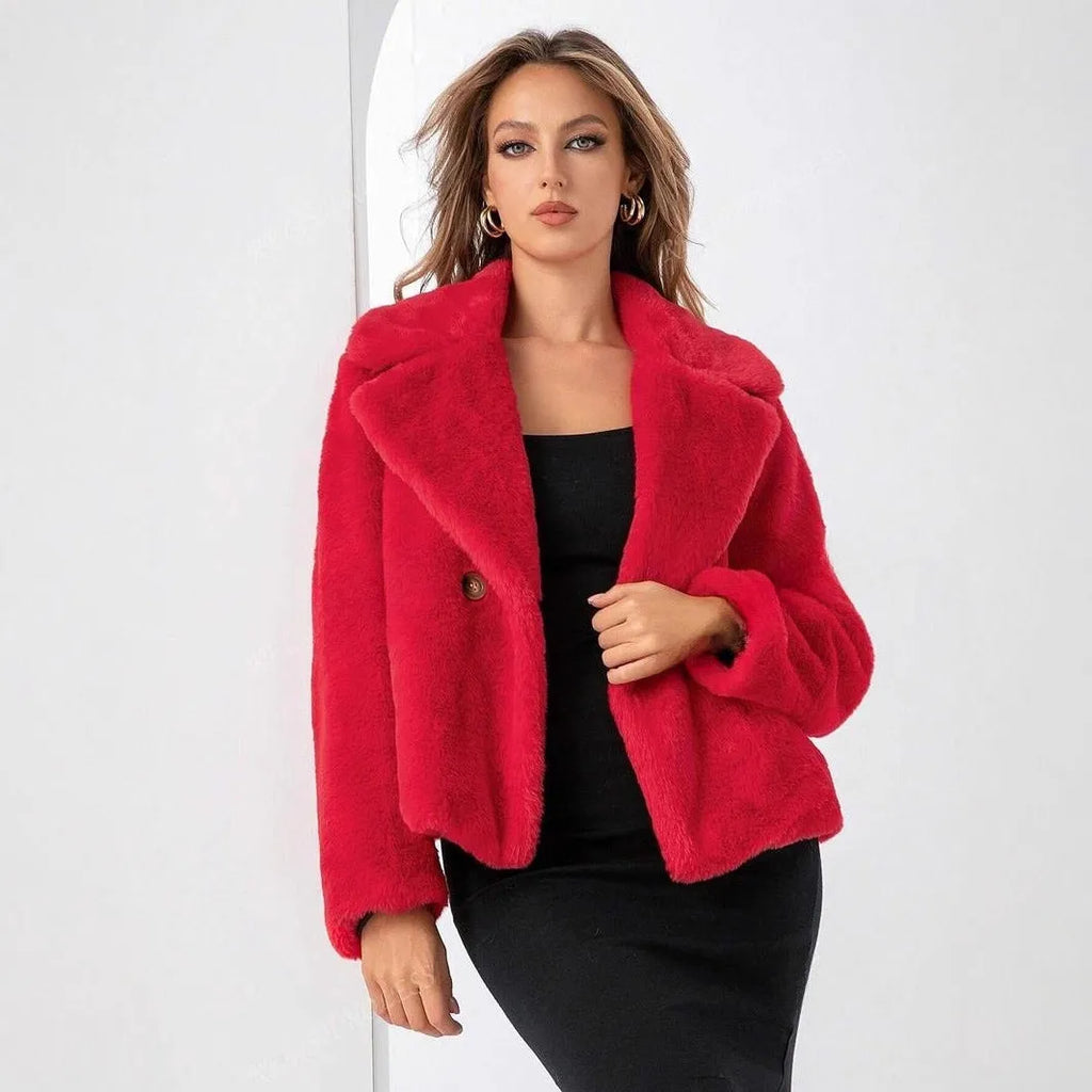 Women's rose red faux fur short coat with regular sleeves and loose fit showing artificial fur texture